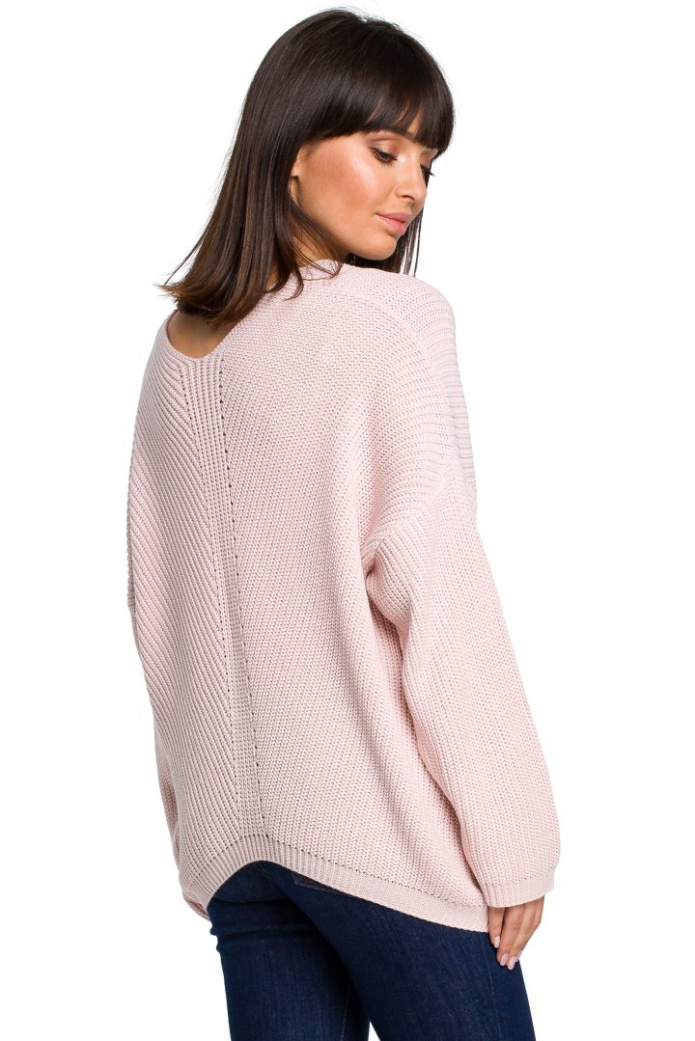 Sweter Damski - Asymetryczny Dekolt V - różowy